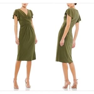 Mac Duggal Ieena 12486 Olive Flounce Sleeve Midi Dress Size 6 V-Neck Dress NWT